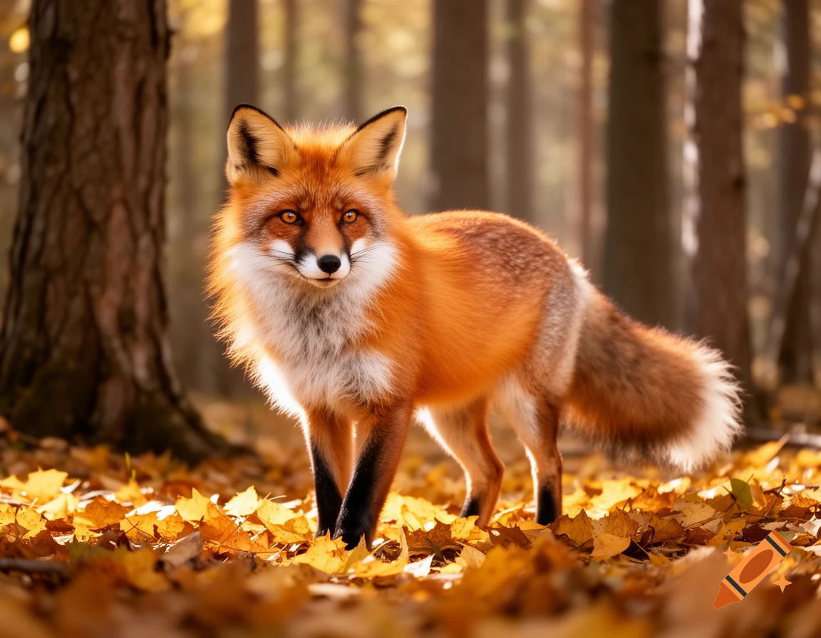 A red fox stands among golden autumn leaves in a sunlit forest.
