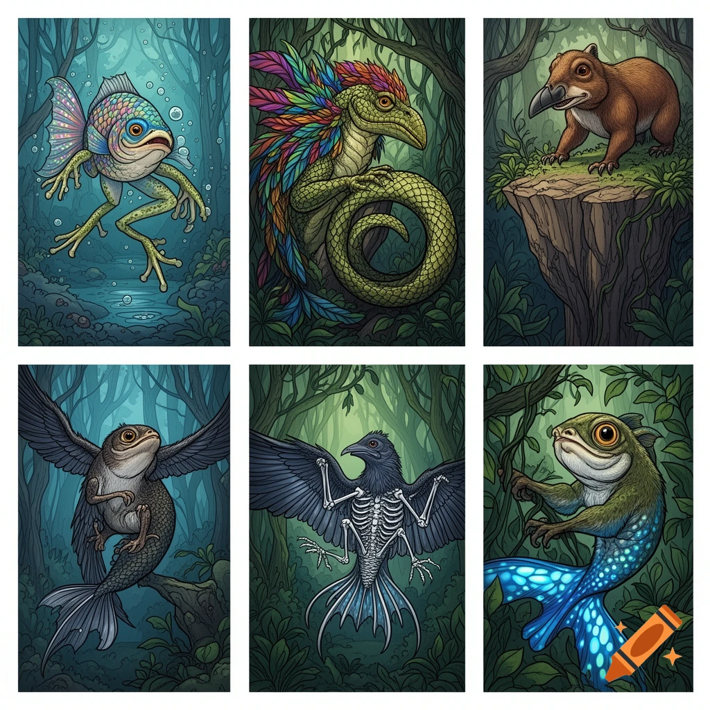 Six graphic illustrations of diverse fantasy creatures combining features of fish, frogs, reptiles, birds, and mammals in lush forest settings.