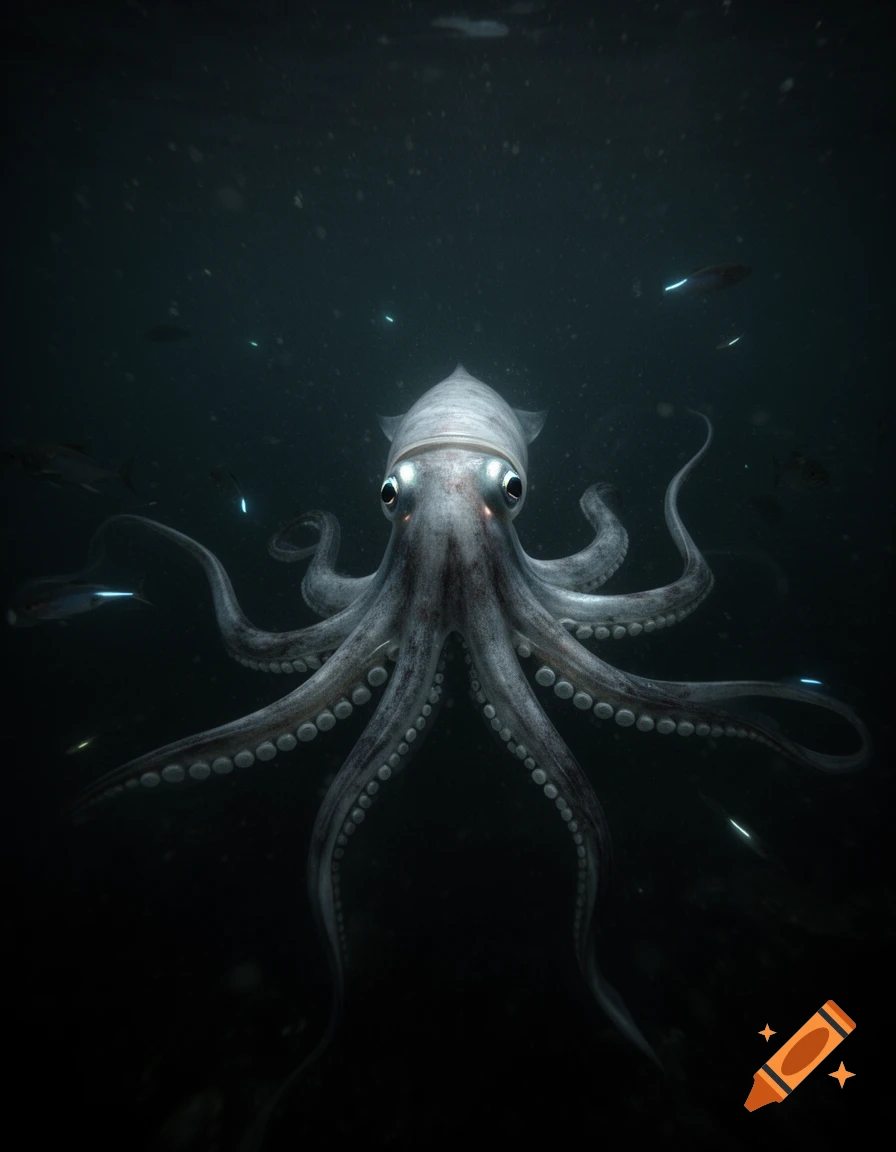 A photorealistic, creepy squid with large, glowing eyes emerges from the dark depths of the ocean.