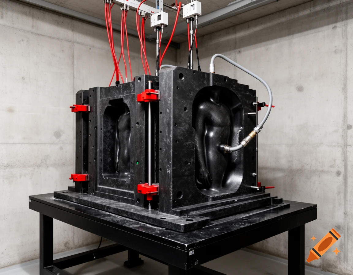 A large black carbon fiber injection mold for a male mannequin torso, with red clamps, tubes, and cables, on a black table in a concrete room.