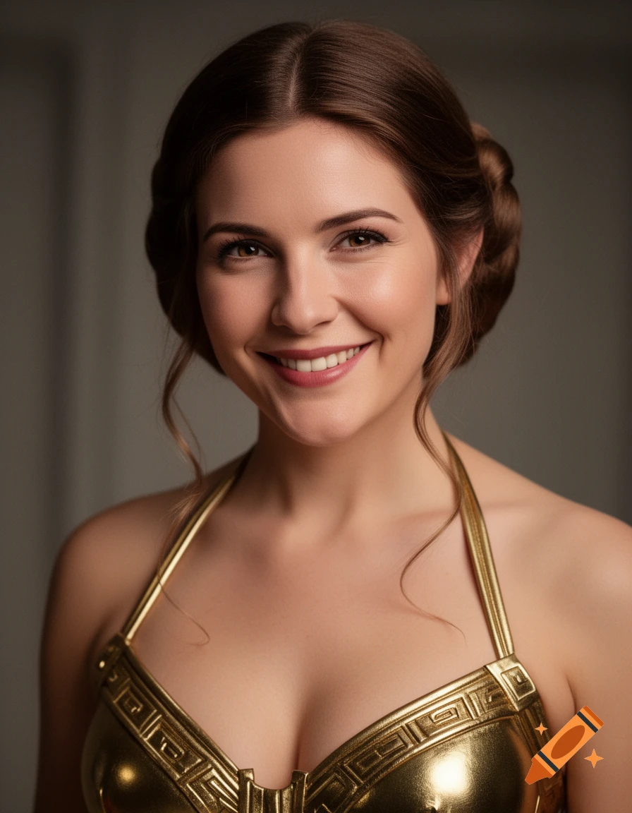 Close-up photorealistic portrait of a smiling woman in a golden bikini top with geometric patterns.