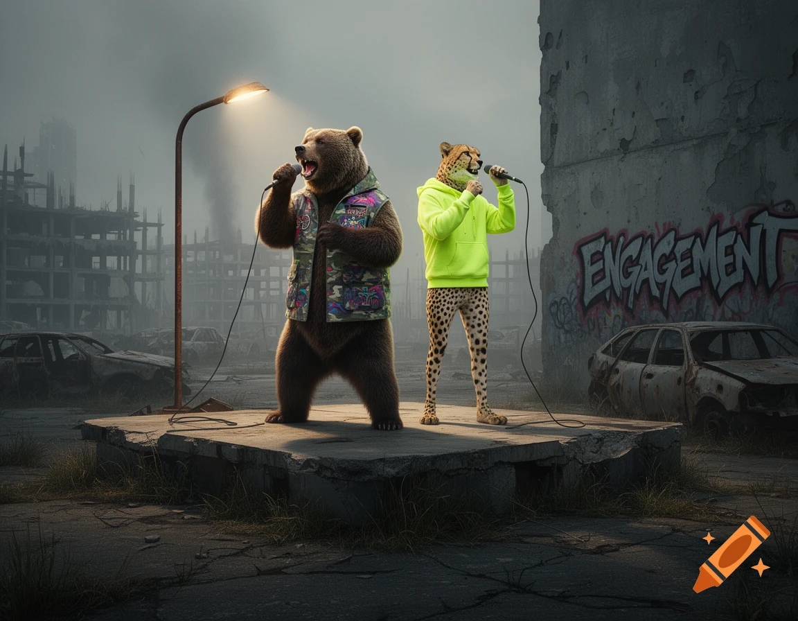 A photorealistic image of a bear in a camo vest and a cheetah in a neon yellow hoodie rapping into microphones on a concrete stage in a destroyed, foggy city with abandoned cars and graffiti.