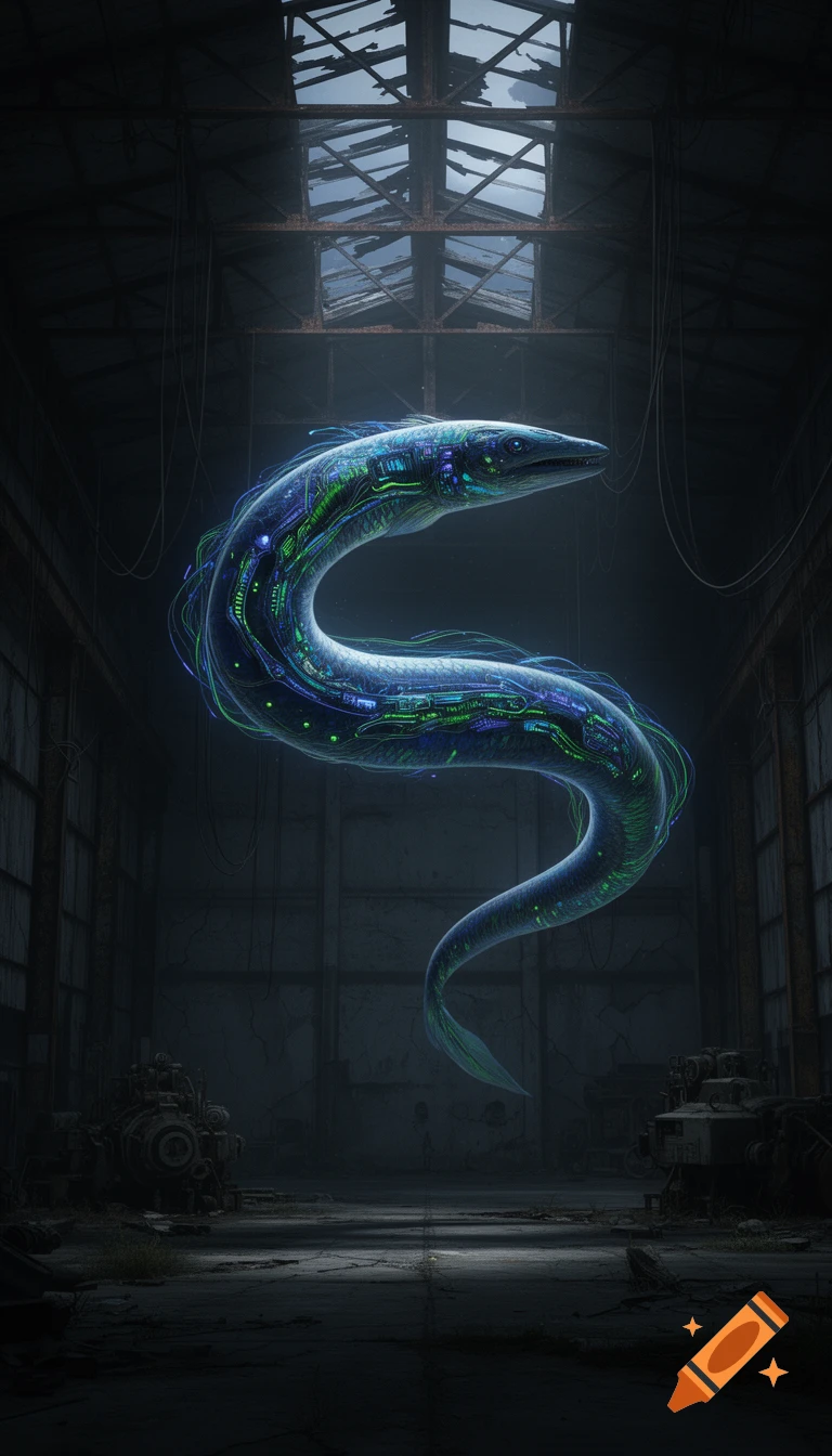 A glowing, circuit-patterned cyberpunk eel floats in a dark, decrepit industrial hangar, digital art.