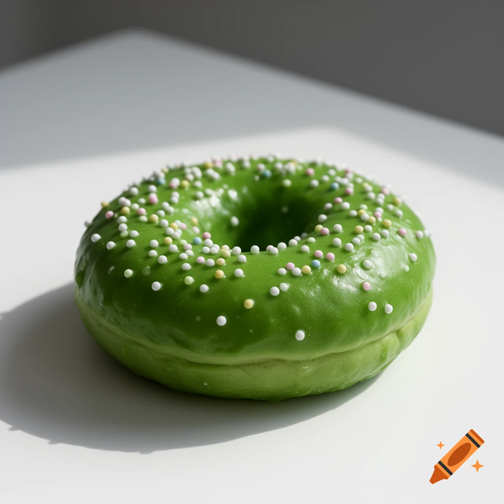 A bright green glazed donut topped with colorful sprinkles rests on a white surface, illuminated by natural light.