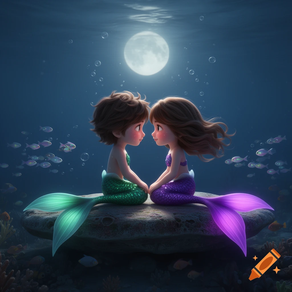 Two cartoon mermaid kids, one with a green tail and one with a purple tail, sit on a rock underwater, looking at each other under a full moon.