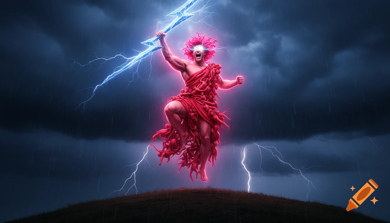 A muscular, pink-skinned figure with glowing eyes and pink-red hair, wearing a toga made of intertwined red human figures, levitates above a dark hilltop, holding a lightning bolt in a storm.
