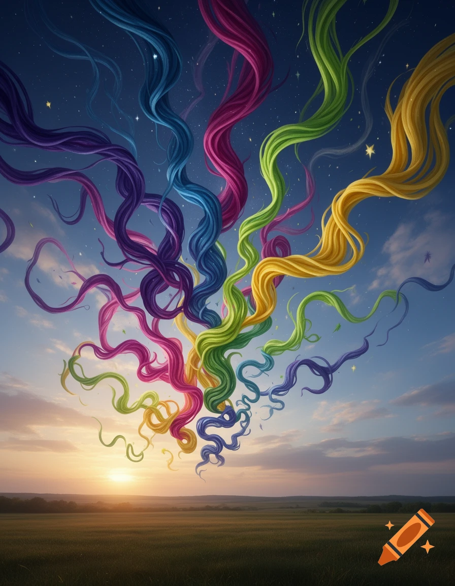 Colorful wavy strands fall from a starry blue sky into a field at sunset, creating a whimsical, vibrant scene.