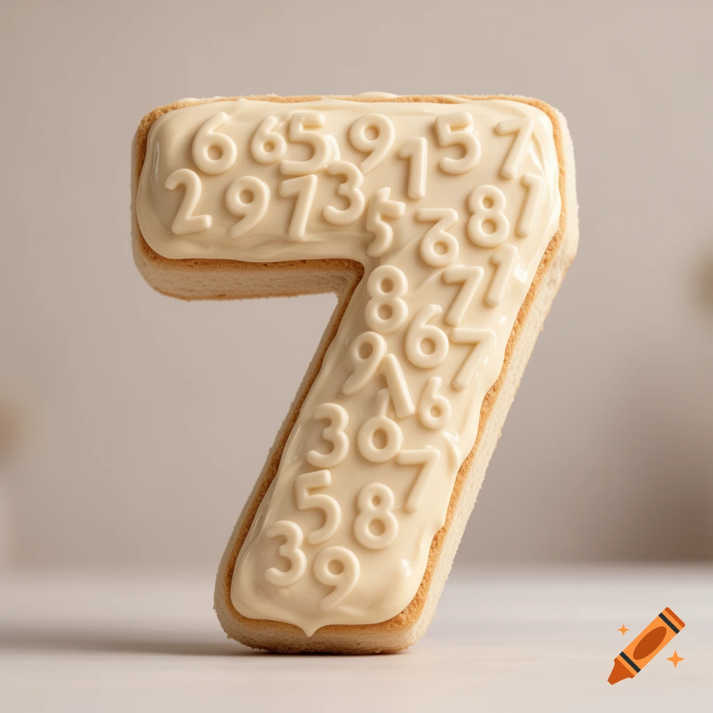 A close-up shot of a number seven shaped sugar cookie with white cream frosting, intricately embossed with many smaller numbers.