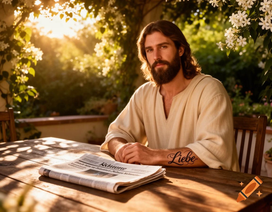 A man resembling Jesus with a beard and long hair, wearing a tunic, sits at a wooden table outdoors with a newspaper. He has a 'Liebe' tattoo on his arm, and warm sunlight bathes the scene.