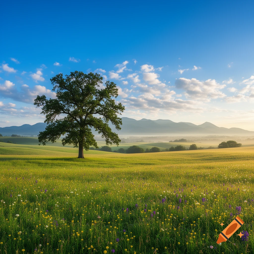 A large, solitary tree stands in a vibrant green meadow filled with wildflowers under a clear blue sky with distant mountains.
