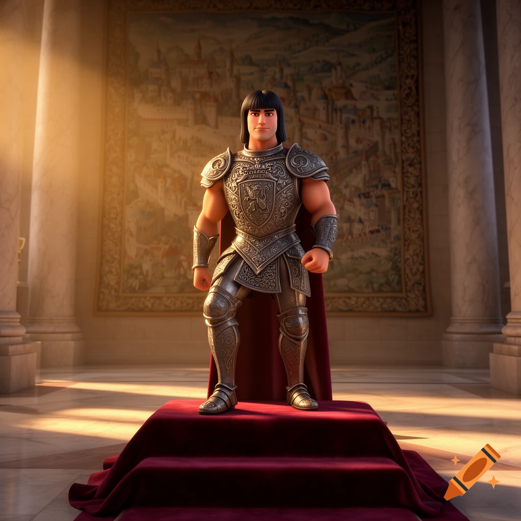 Animated character in ornate silver armor and red cape stands on a red velvet platform in a grand hall.