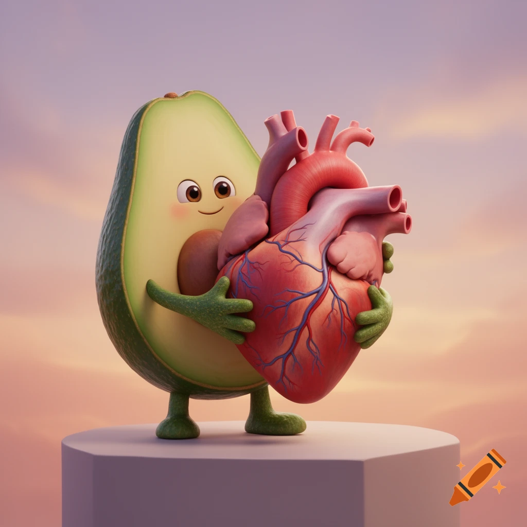A cute 3D animation avocado character with a happy face hugs a detailed anatomical human heart on a platform.