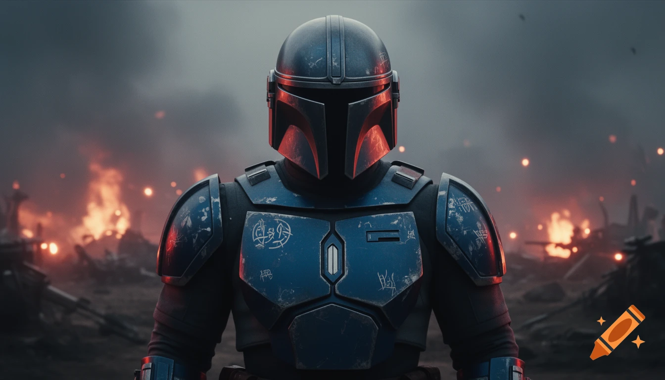 A heavily armored Mandalorian in blue and grey stands amidst a fiery, war-torn landscape, cinematic style.