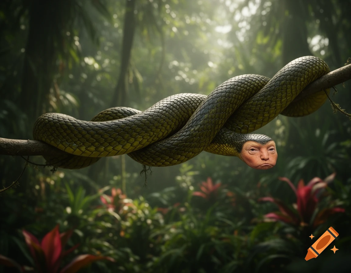 A green snake with Donald Trump's face wrapped around a branch in a lush jungle.