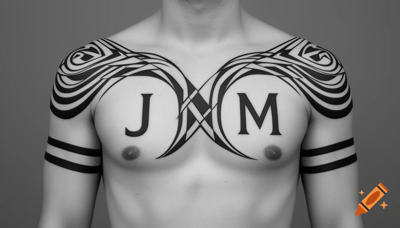 Monochrome image of a shirtless man with a large geometric black tattoo featuring letters J and M on his chest, shoulders, and upper arms.
