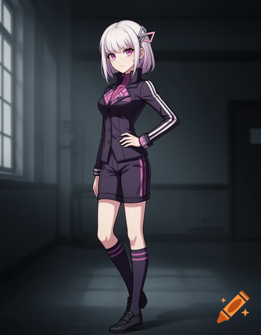 An anime girl with short white hair and purple eyes stands with her hand on her hip, wearing a dark purple track jacket, shorts, and knee-high socks with pink and white stripes in a dimly lit room.