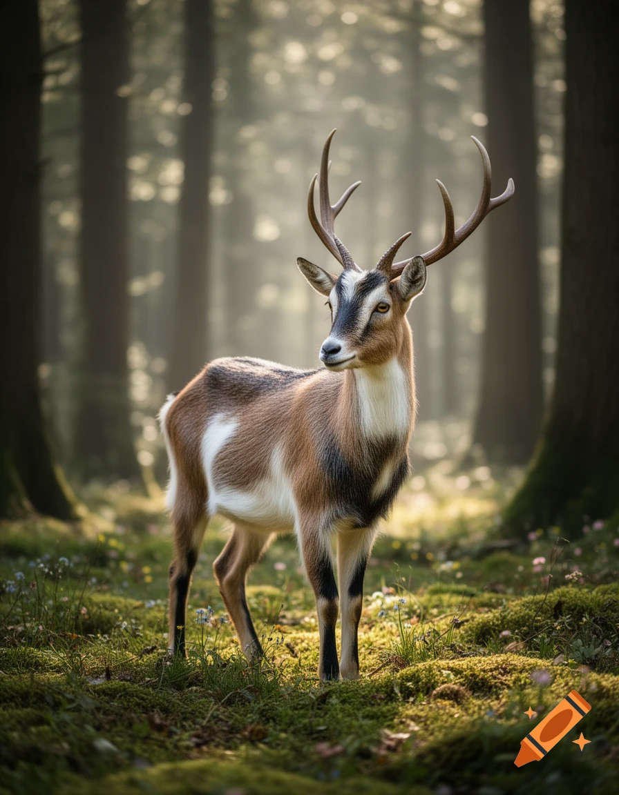 A majestic deer-like animal with antlers stands gracefully in a sun-dappled forest, surrounded by moss and small flowers.