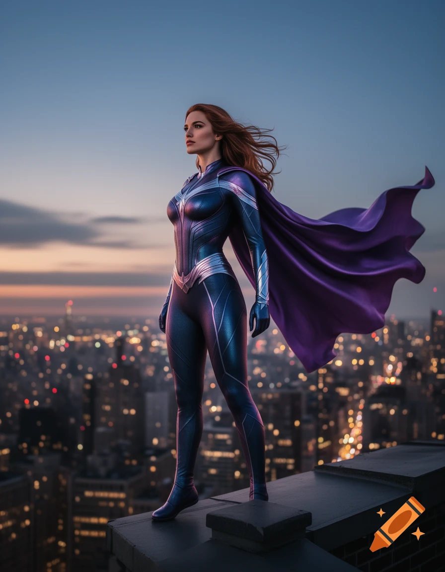 A photorealistic female superhero in a blue and silver suit with a ...
