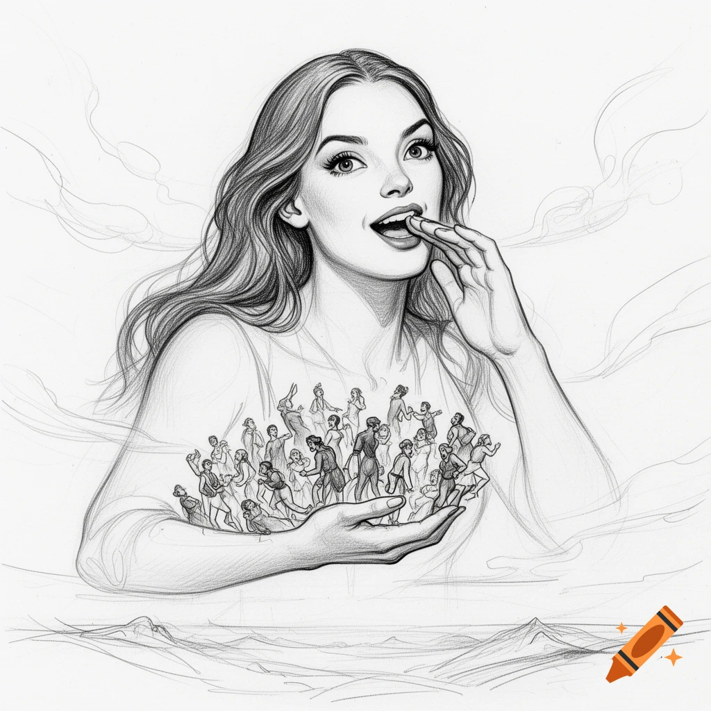 A pencil sketch shows a giantess with long hair, holding tiny people in her hand and about to put them into her mouth.