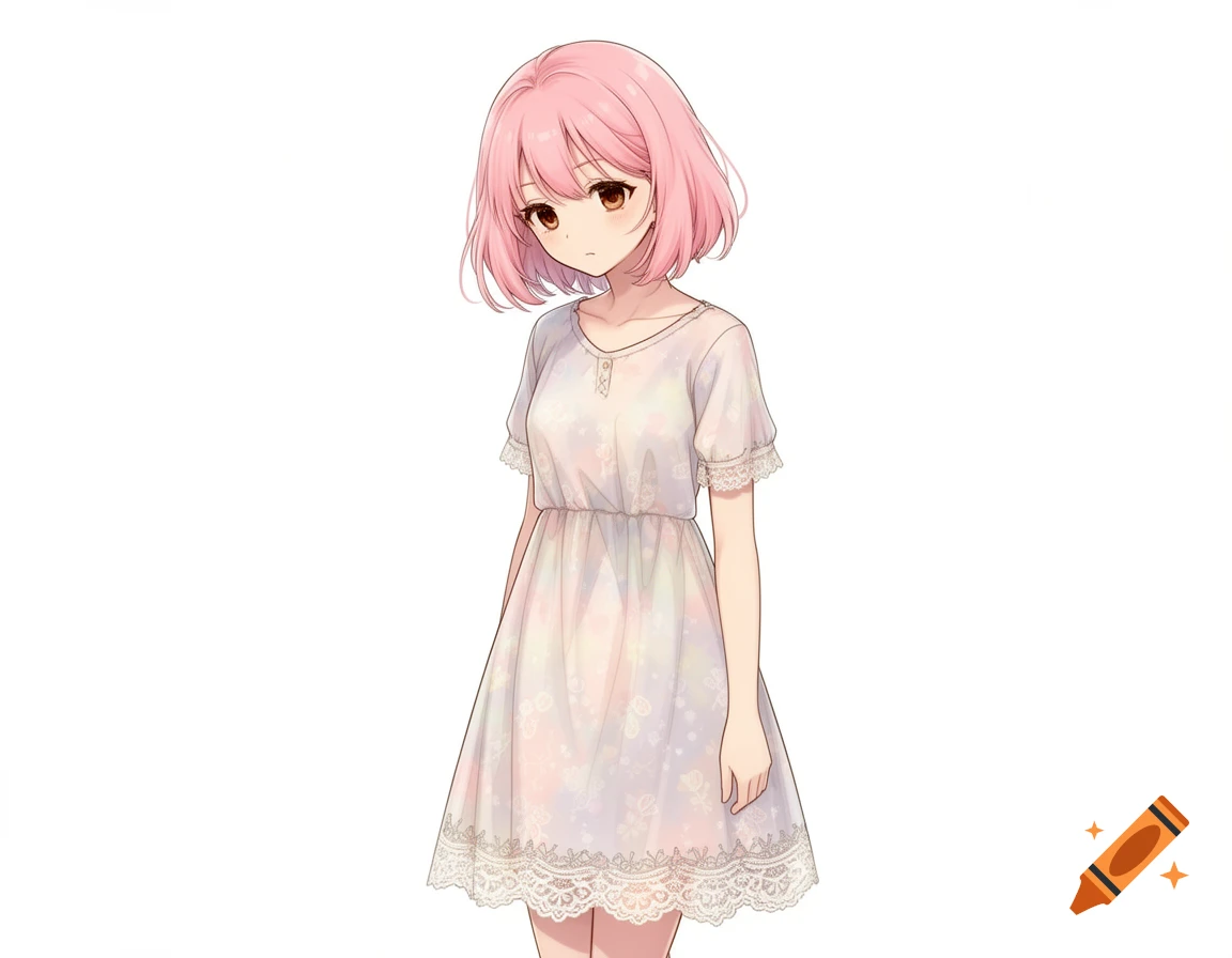 An anime girl with pink, shoulder-length hair and brown eyes, wearing a light-colored, lace-trimmed dress, looking shy.