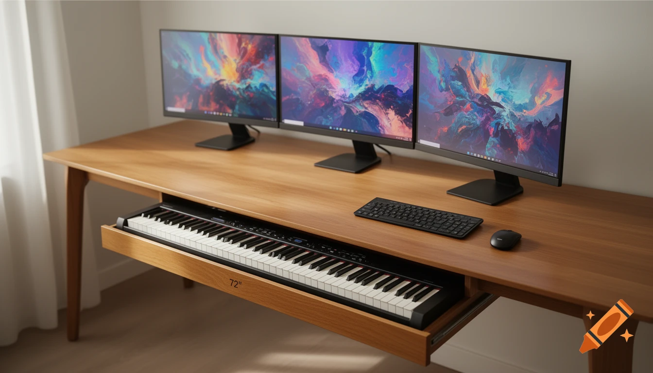 A modern wooden desk with three monitors, a computer keyboard, mouse, and a digital piano in a slide-out tray below.