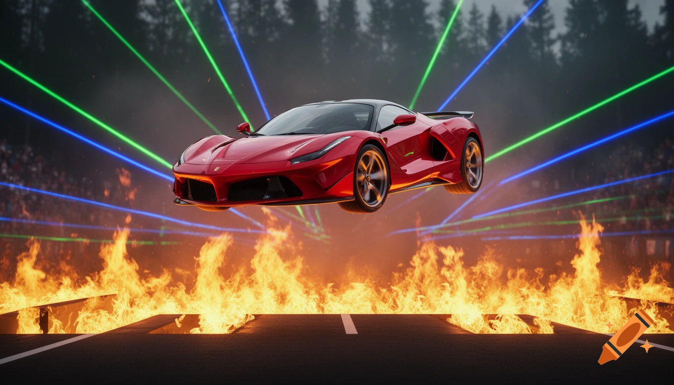 Photorealistic red sports car jumping over a pit of fire on a track, with green and blue lasers shining from the sky.