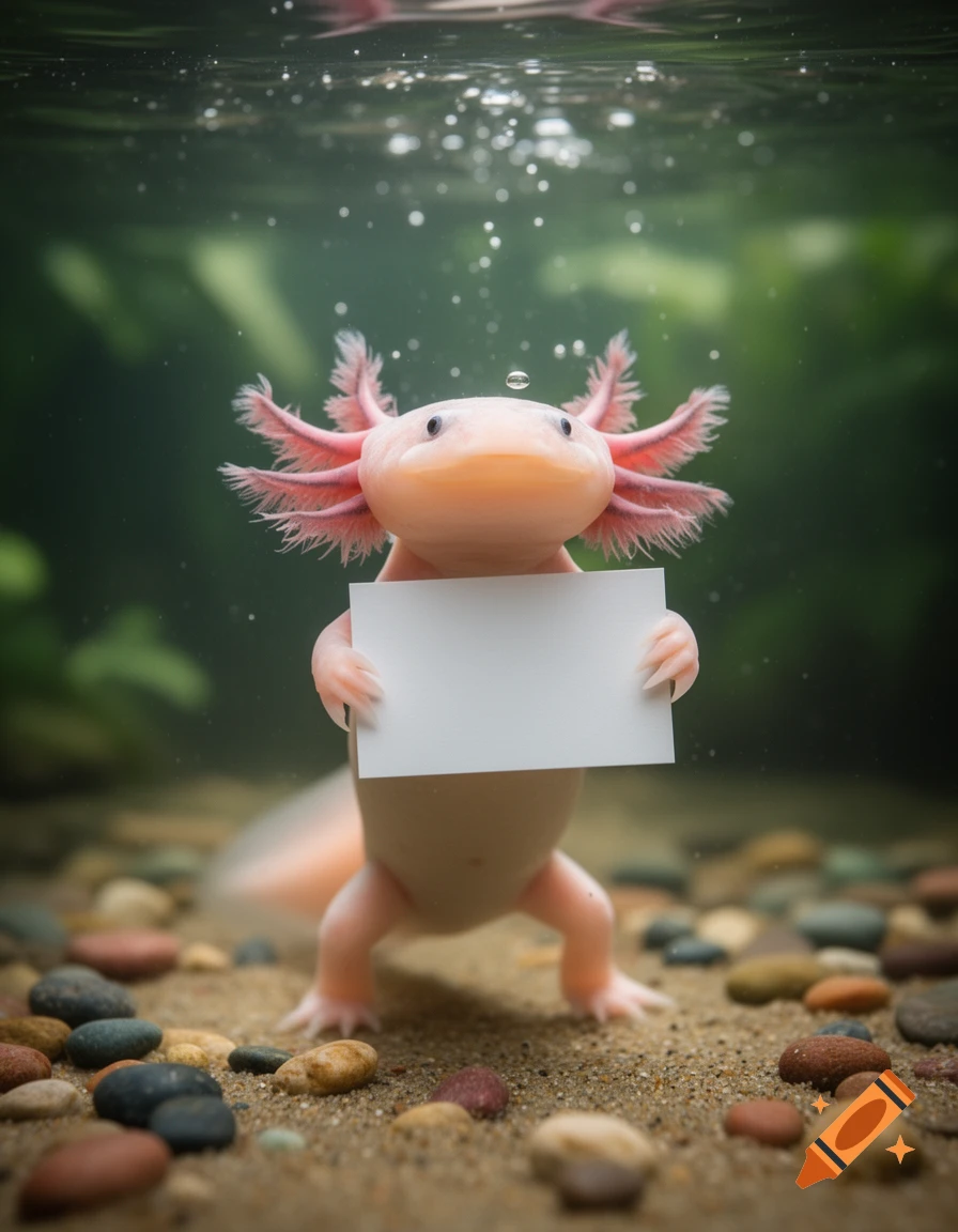 A cute pink axolotl standing upright on sandy gravel underwater, holding a blank white sign.