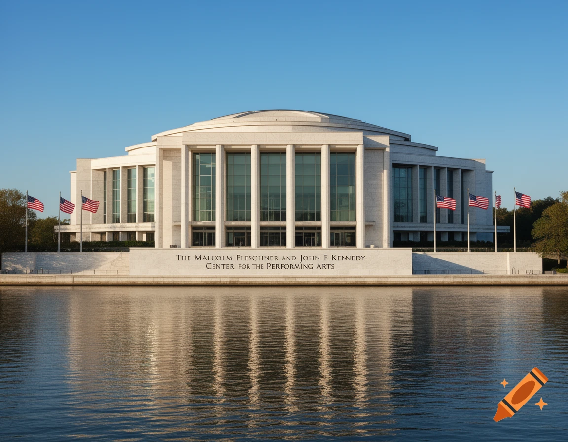 The Malcolm Fleschner and John F Kennedy Center for the Performing Arts, a white building with flags, viewed from across water under a clear sky.