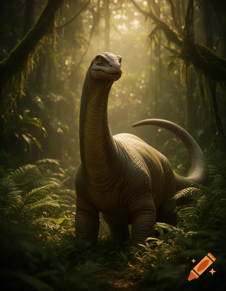A long-necked dinosaur stands in a misty, sunlit jungle, surrounded by ferns.