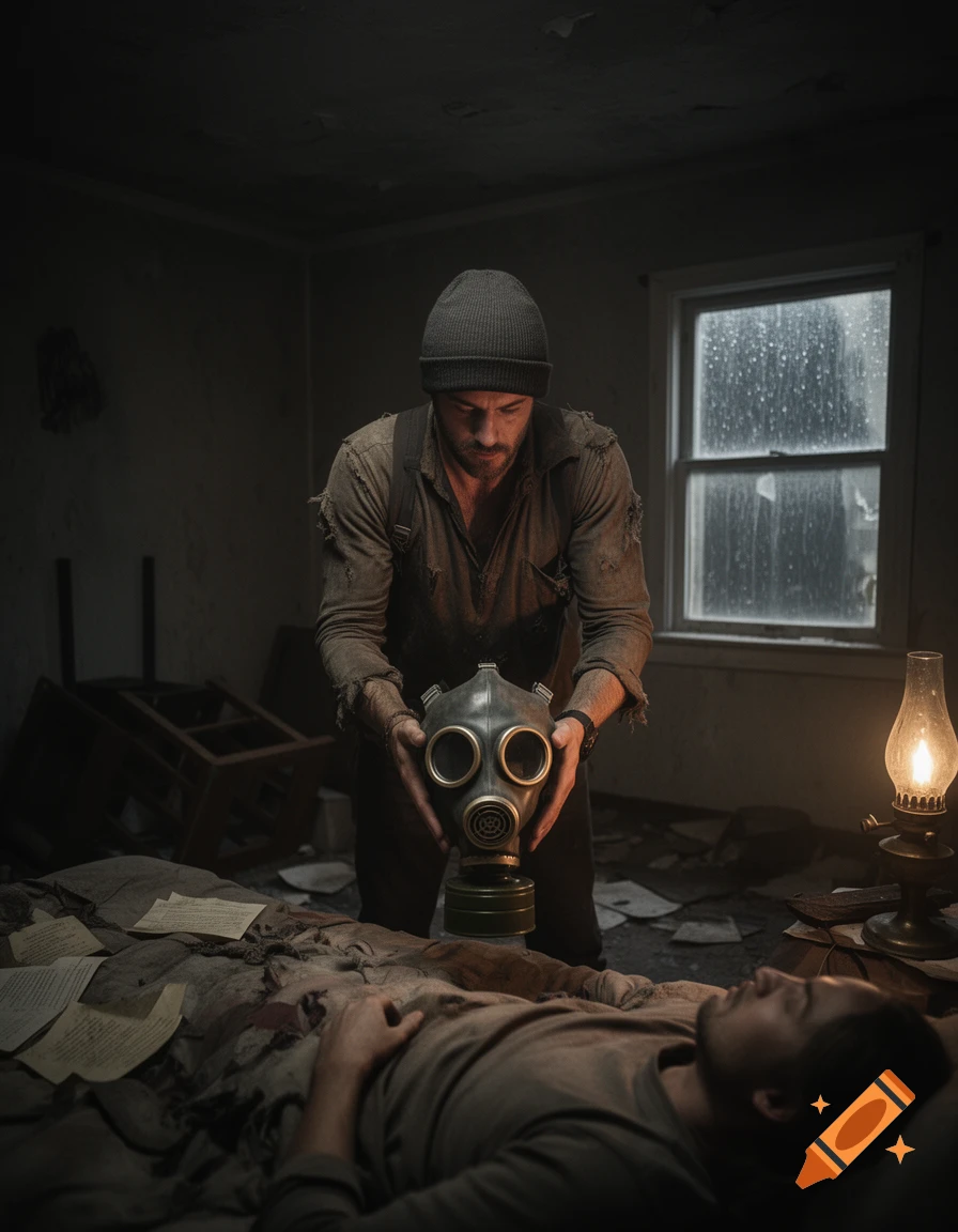 A man in a beanie offers a gas mask to another person lying on a bed in a dark, desolate room with a lamp and a window.