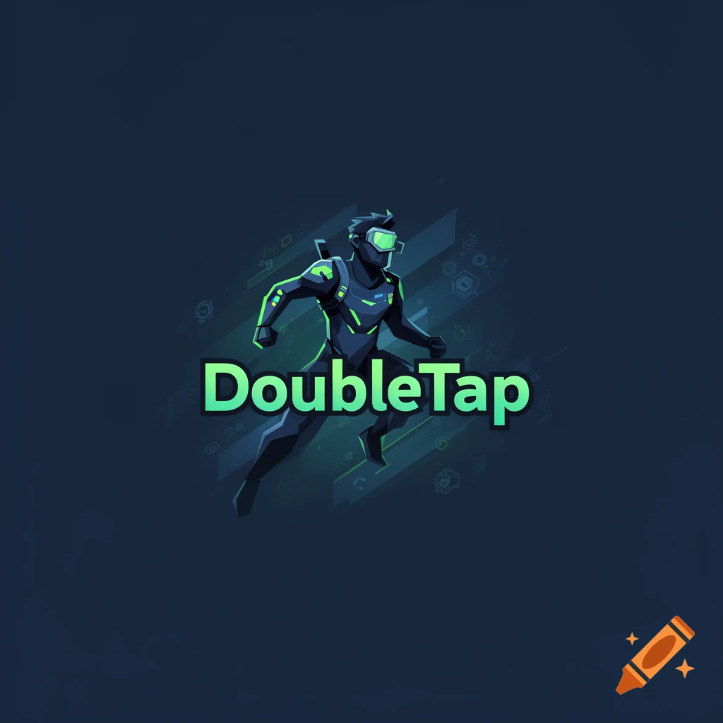 A stylized illustration of a futuristic character wearing VR goggles running, with the green text "DoubleTap" below.