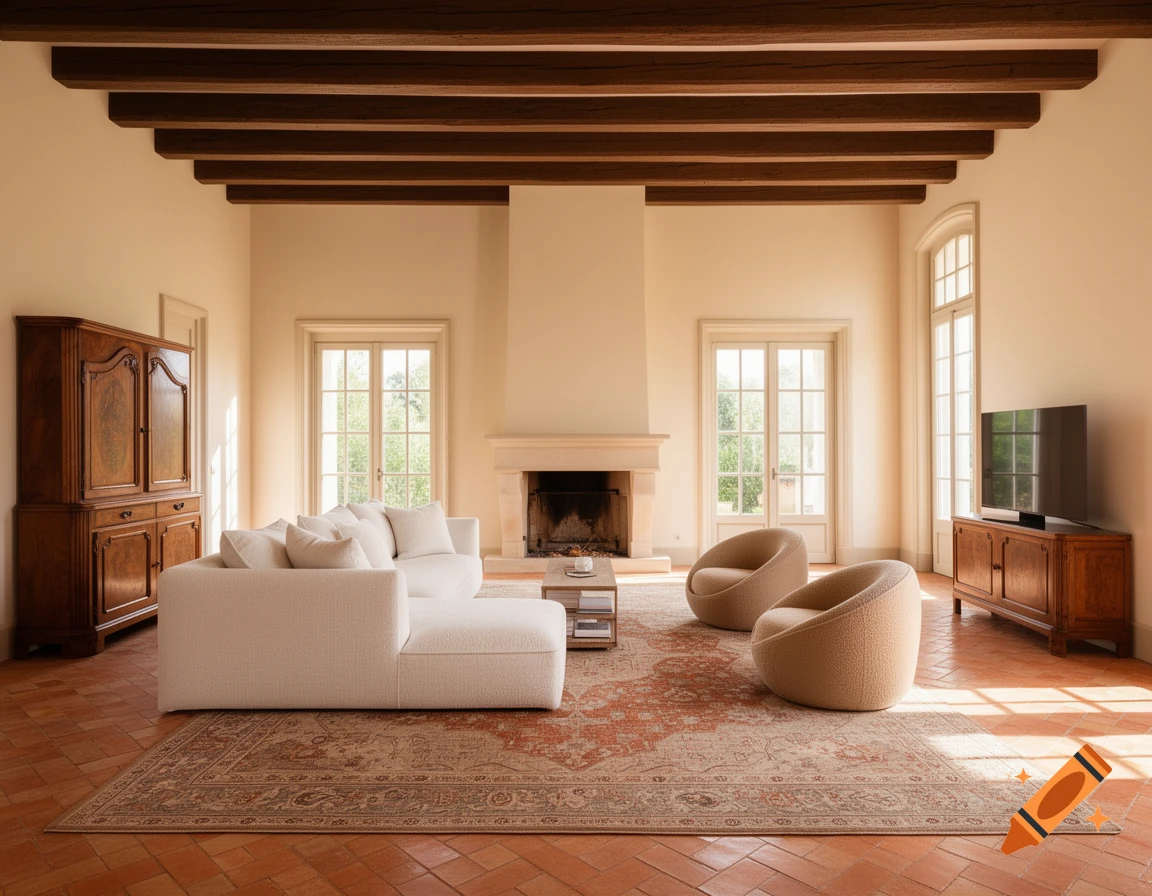 A sophisticated Belgian-Mediterranean luxury living room with a large ivory L-shaped sofa, two beige bouclé lounge chairs, a fireplace, exposed wooden beams, and terracotta tiled floor.