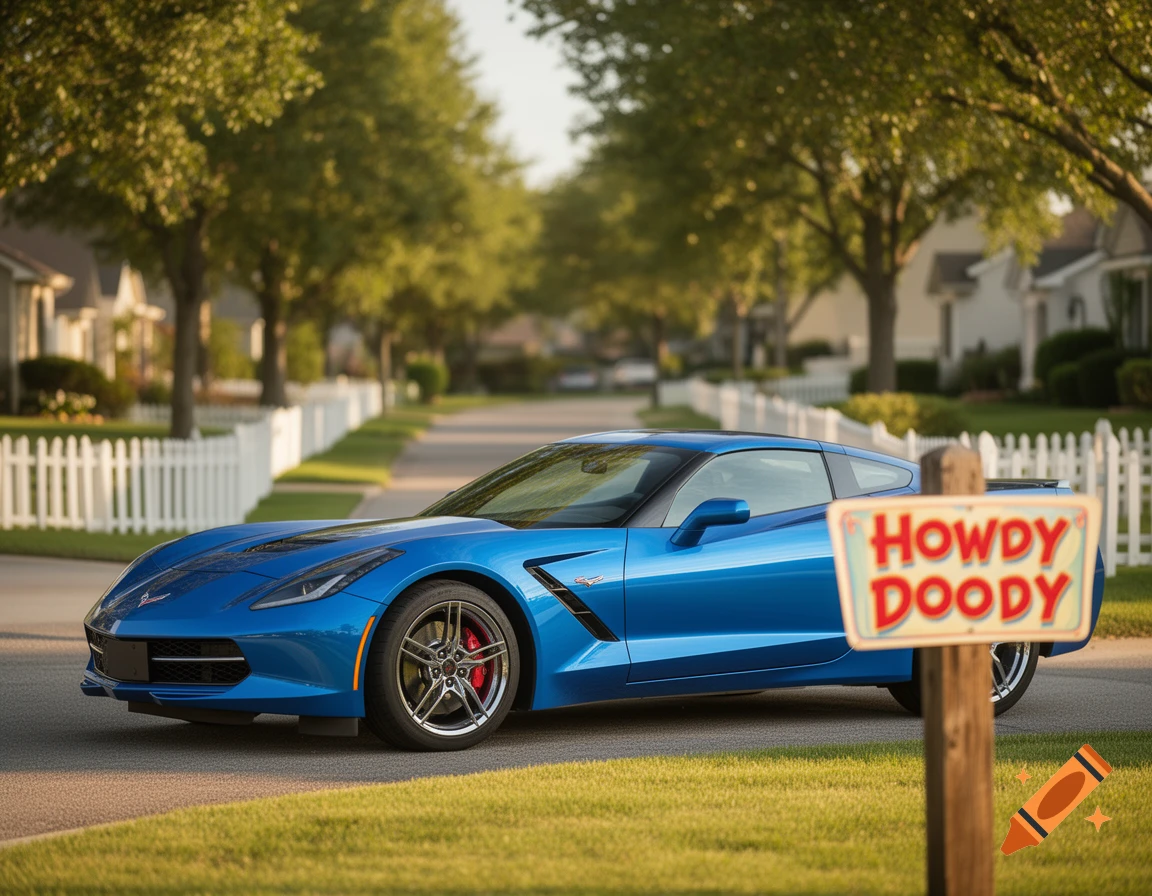 A blue Corvette sports car parked on a suburban street with white picket fences and green trees, next to a 'Howdy Doody' sign.