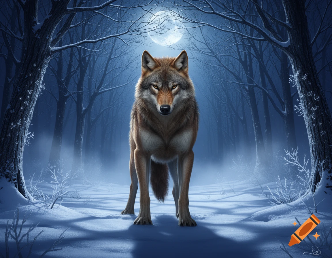 Muscular brown wolf in a misty, snowy forest under a full moon, looking at camera. Digital art.