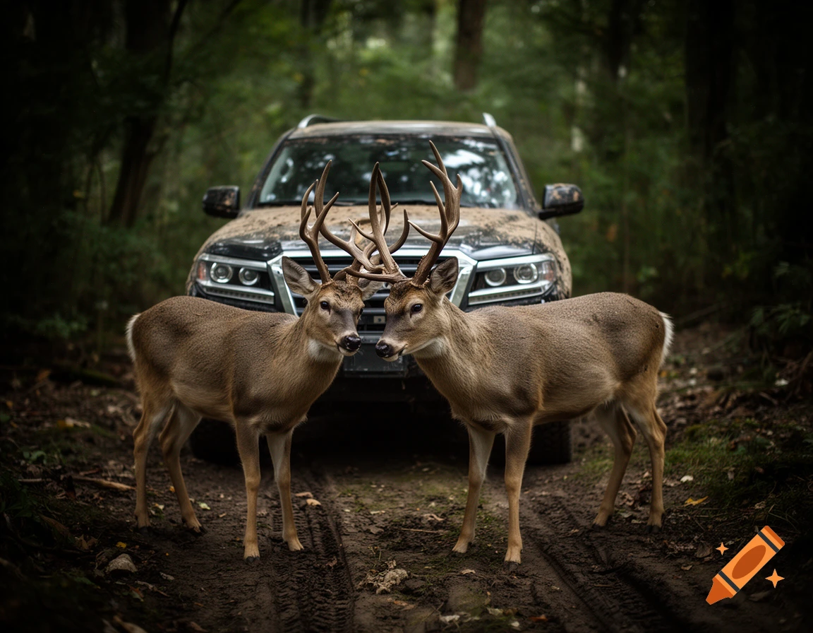 Two deer with large antlers stand in a muddy forest path, facing each other, with a dirty black off-road vehicle in the background.