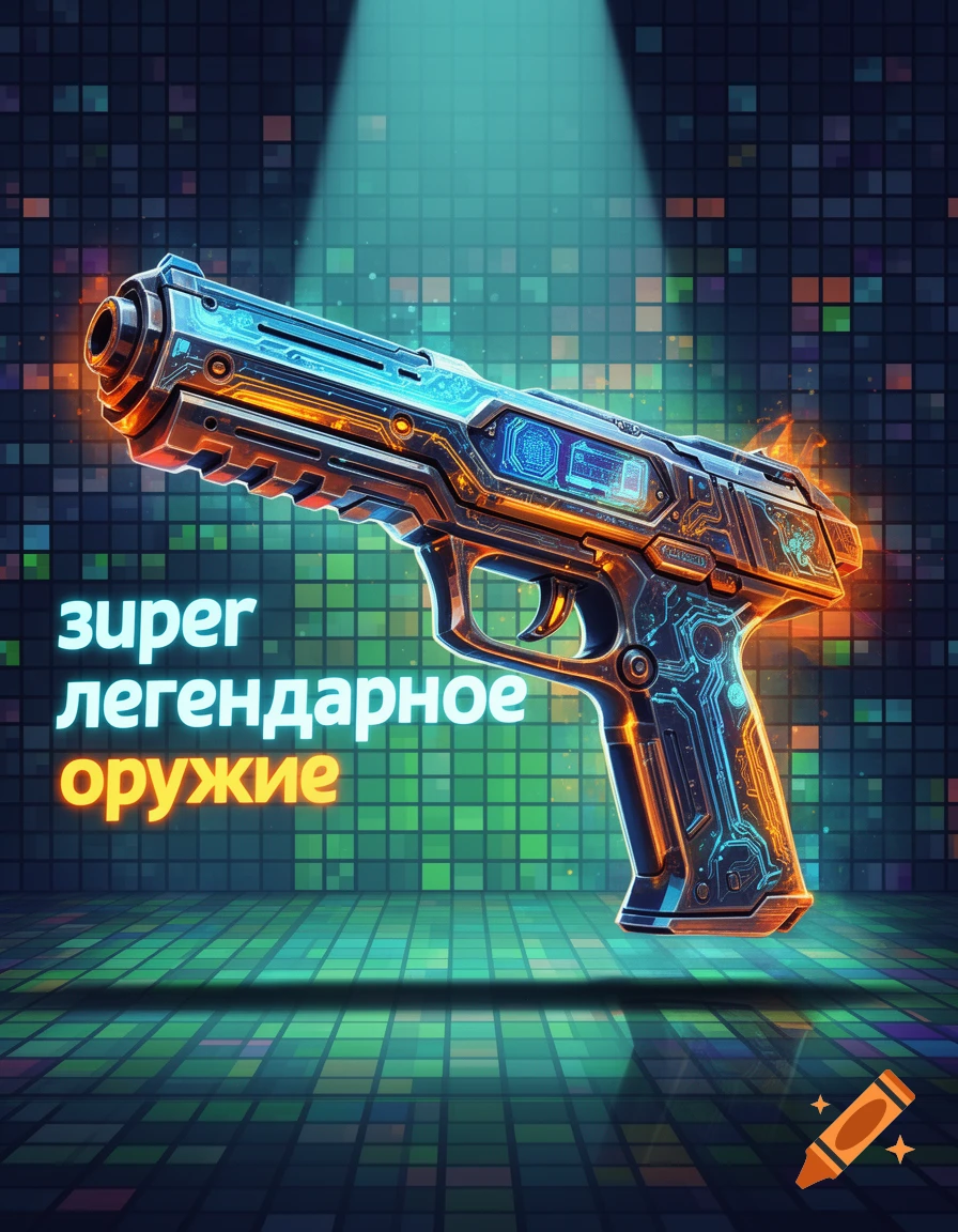 A futuristic sci-fi handgun with glowing blue and orange circuits, set against a pixelated green and black grid background.