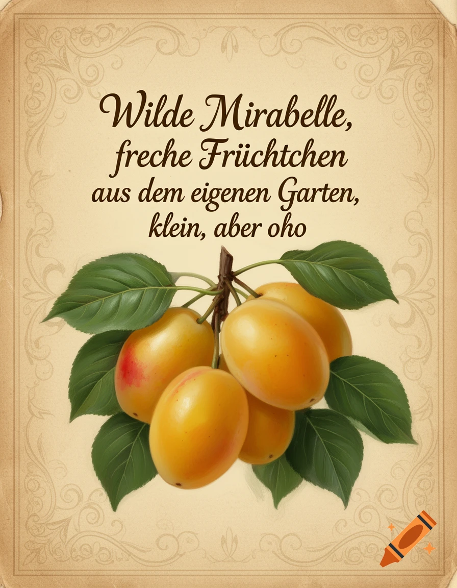 Vintage-style label featuring yellow mirabelle plums on a branch with green leaves, on aged paper with decorative borders and German text.