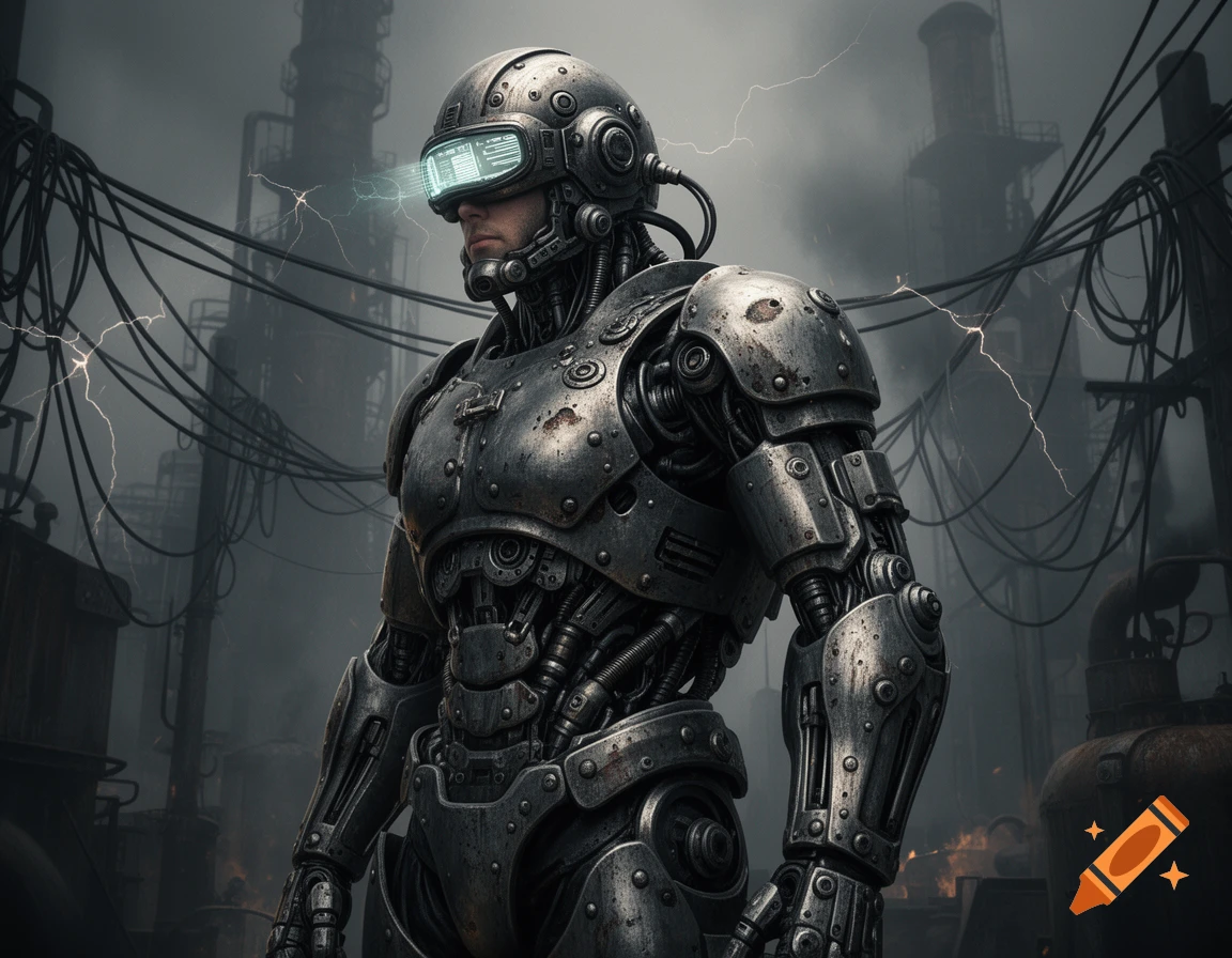 Photorealistic dieselpunk cyborg soldier with a glowing visor in a smoky, industrial setting with wires and lightning.