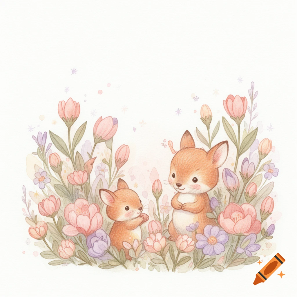 Two cute cartoon fox kits stand among colorful pastel watercolor flowers on a white background.