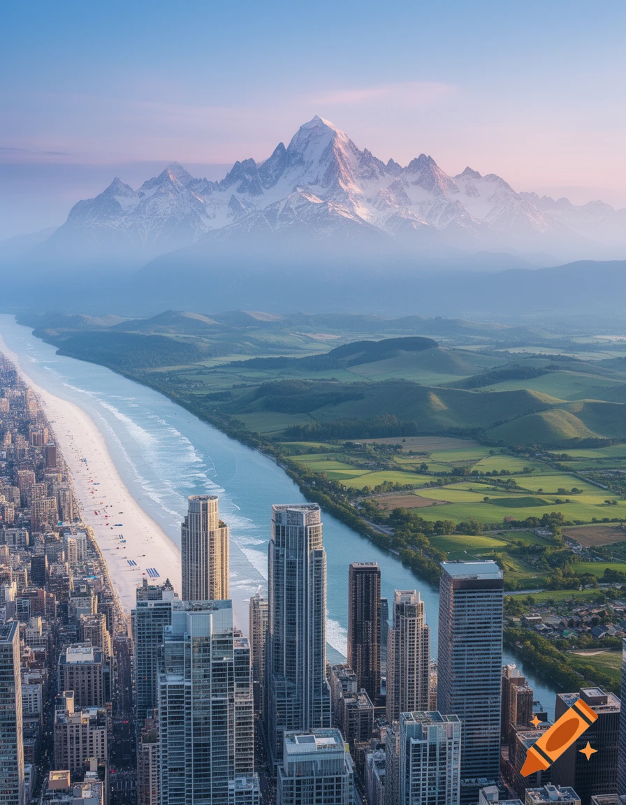 Aerial view of a city skyline along a vast beach and river, backed by rolling green hills and majestic snow-capped mountains.
