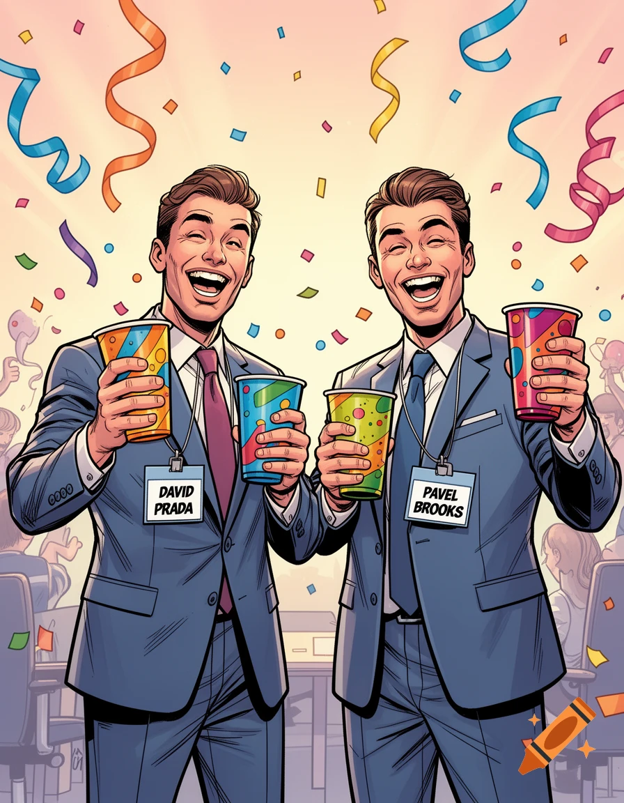Two happy managers in suits hold festive cups under falling confetti, in a comic book style.