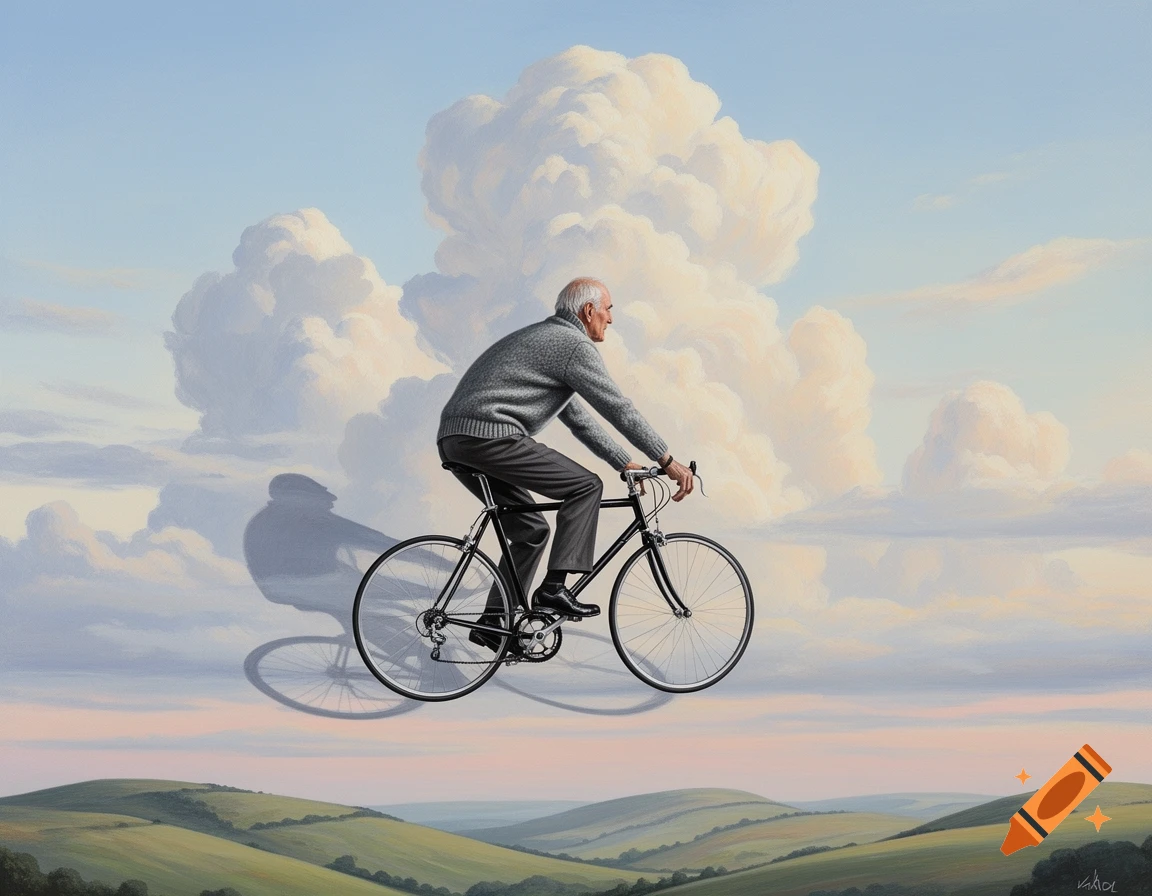 An elderly man rides a black racing bicycle high in a pastel sky, casting a shadow, above rolling green hills, in a painted style.