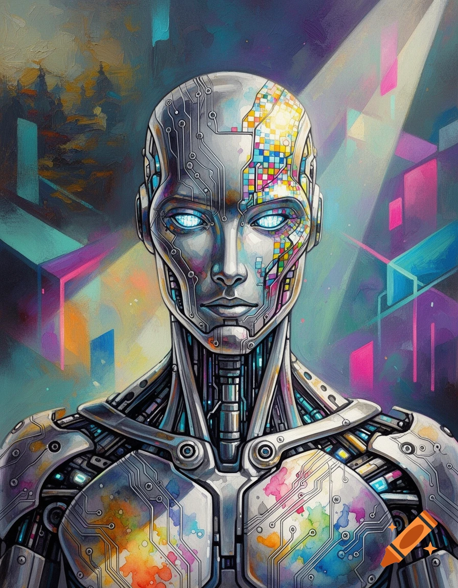 A futuristic robot with glowing blue eyes and circuitry patterns, featuring colorful pixelated and watercolor accents on an abstract vibrant background.