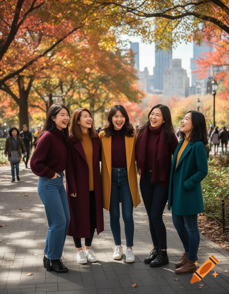 Five laughing Asian women in stylish fall coats walk on a park path lined with colorful autumn trees and a city skyline.
