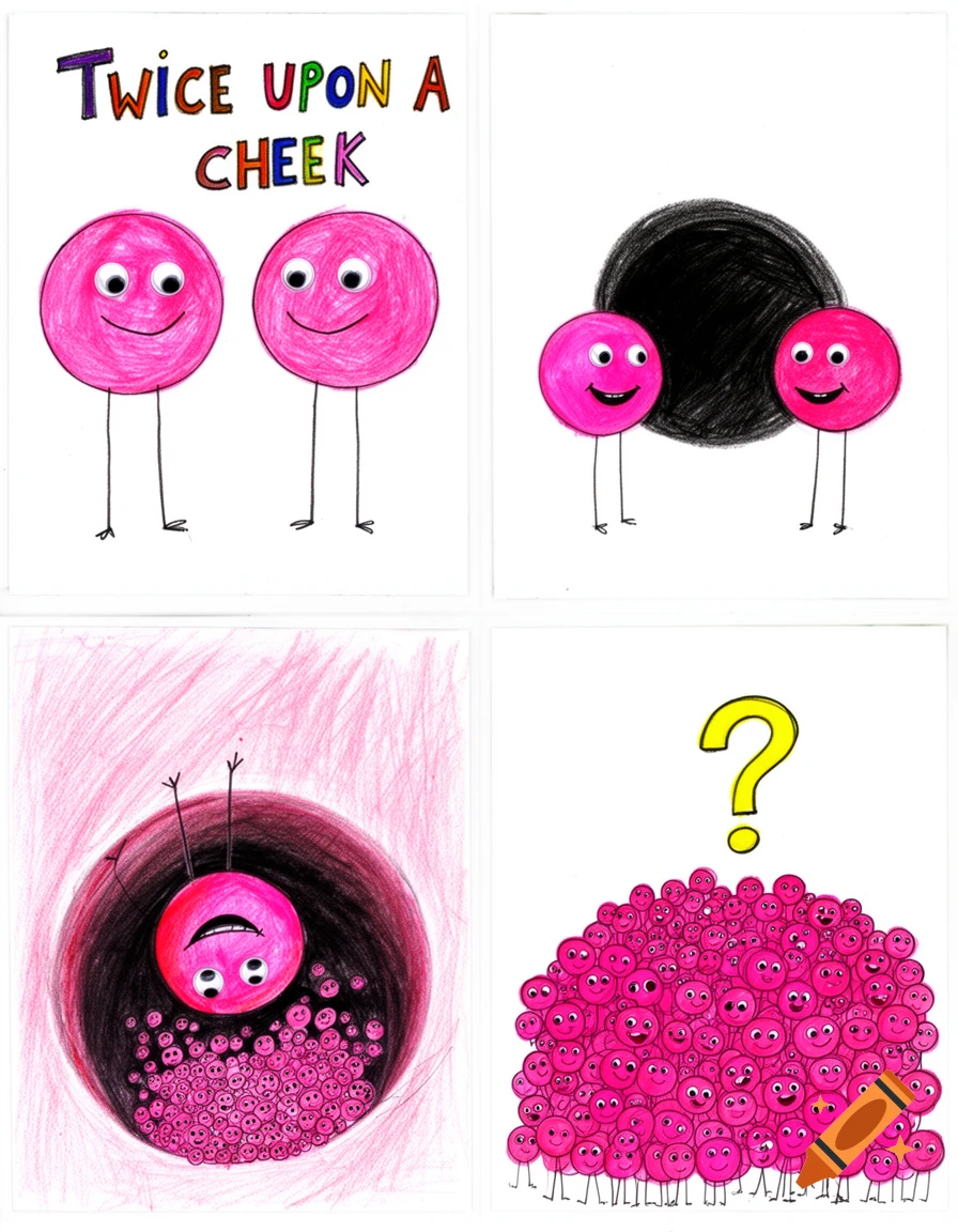 A four-panel comic strip with a child's drawing style. Pink circles with googly eyes and stick legs appear in different scenes. The first panel says 'TWICE UPON A CHEEK'.