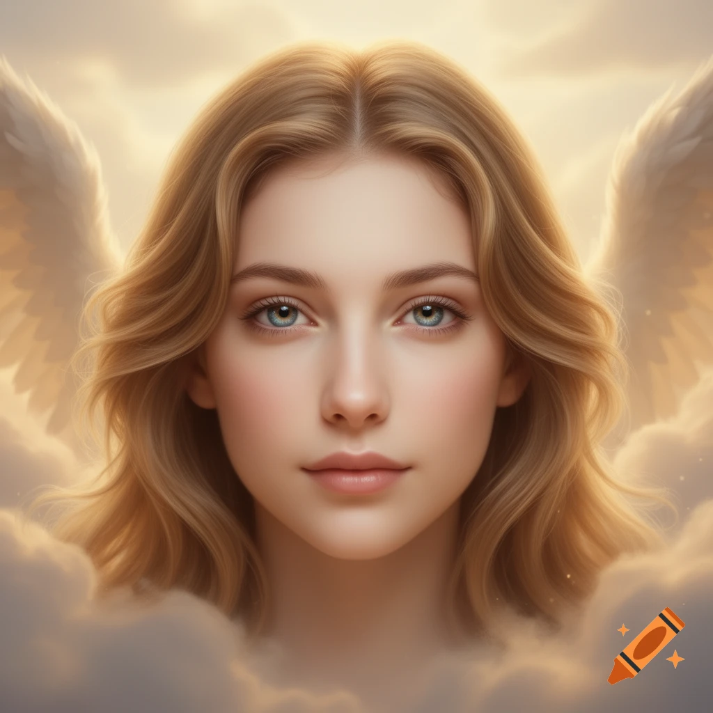 A serene, photorealistic portrait of an angelic woman with blonde hair and blue eyes, emerging from golden clouds.