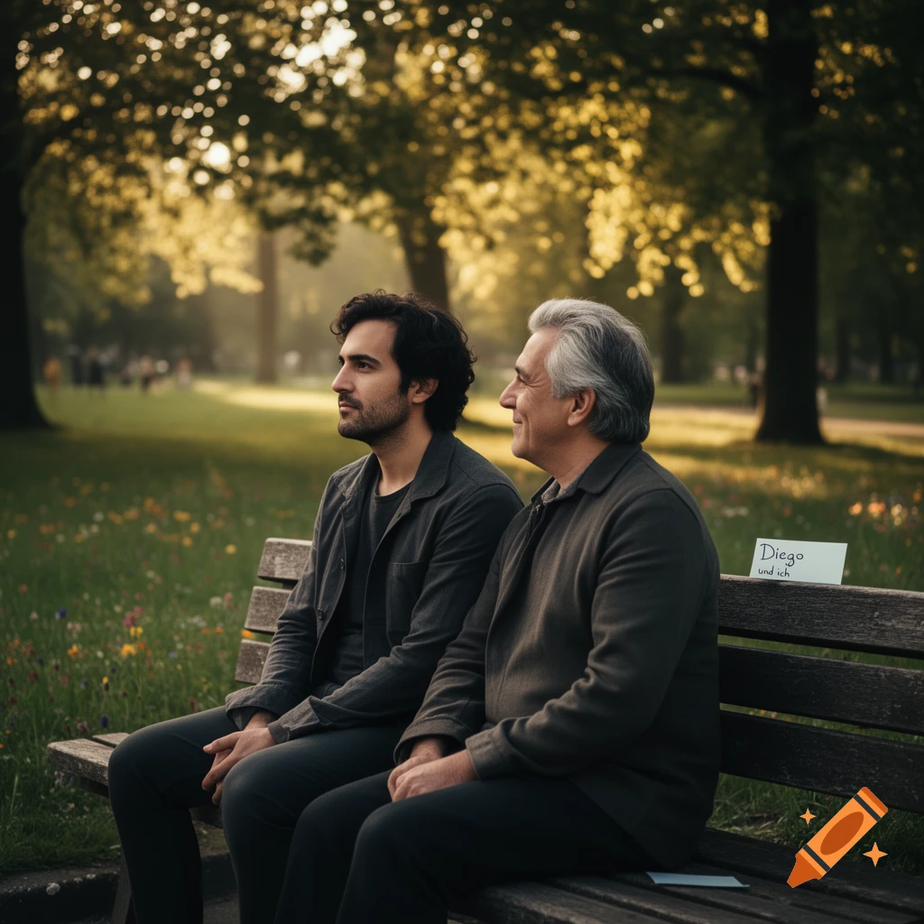 Two men sit side-by-side on a park bench, bathed in dappled sunlight, looking ahead. Photorealistic.
