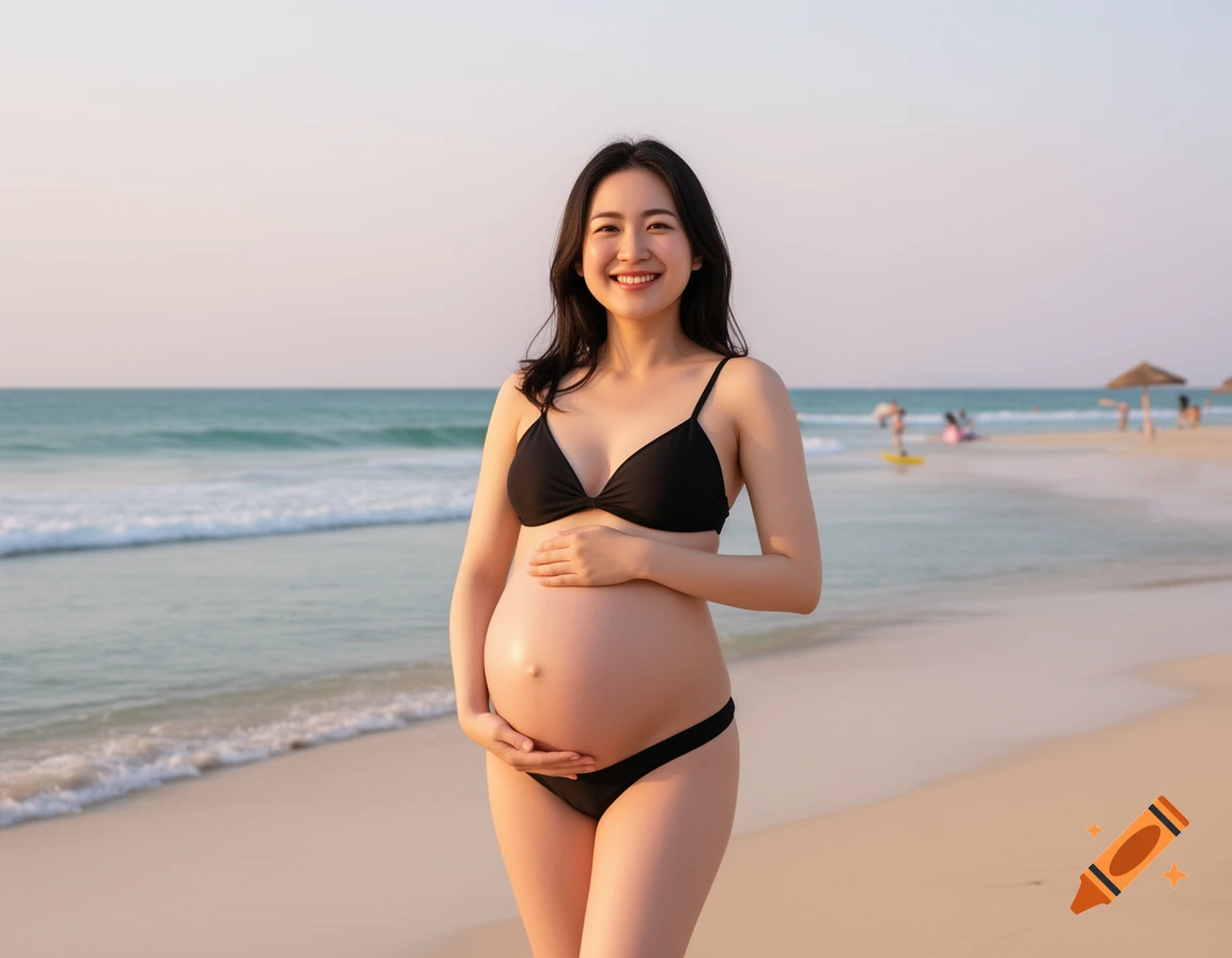 A smiling pregnant woman in a black bikini poses on a sandy beach, gently holding her belly with the ocean in the background.