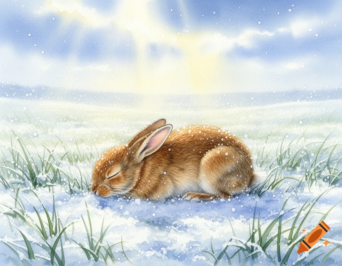 A sleeping brown rabbit covered in a light dusting of snow in a field of green grass, under a bright, sunny sky, in a watercolor style.