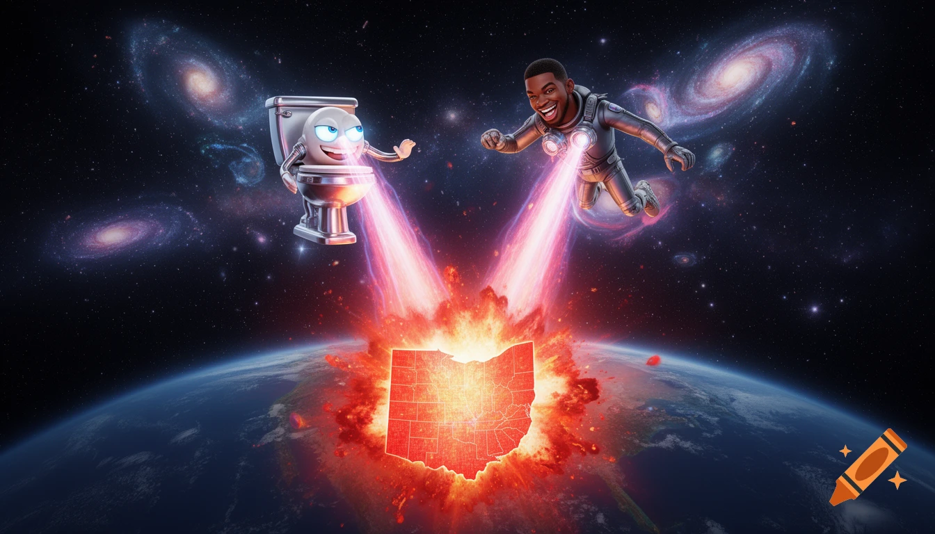 A cartoon toilet and a man in a spacesuit fly through space, firing lasers at an exploding map of Ohio on Earth.